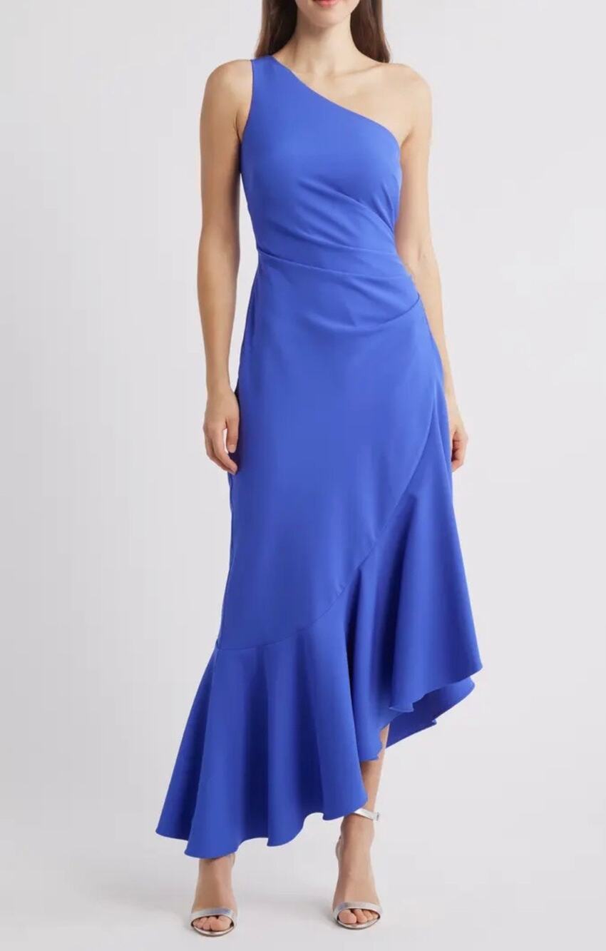 Eliza J Sapphire One-Shoulder Midi Cocktail Dress - Sz 6 (New)